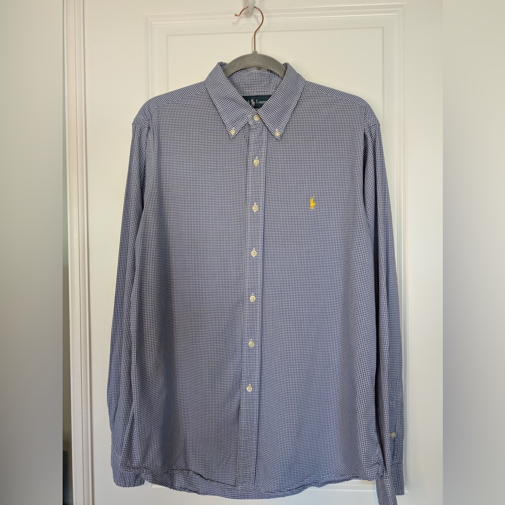 Ralph Lauren Men’s Gingham Cotton Button Down Custom Fit Blue White Sz Large